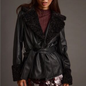 12th Tribe Black Faux Leather Sherpa-Trim Belted Jacket